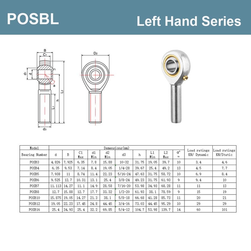 HiPicco POSB5L Rod End Bearing 5/16 Inch Bore and 5/16-24 Left Hand Thread, Self-Lubricating Male Heim Joint Rod Ends 2pcs - Image 5